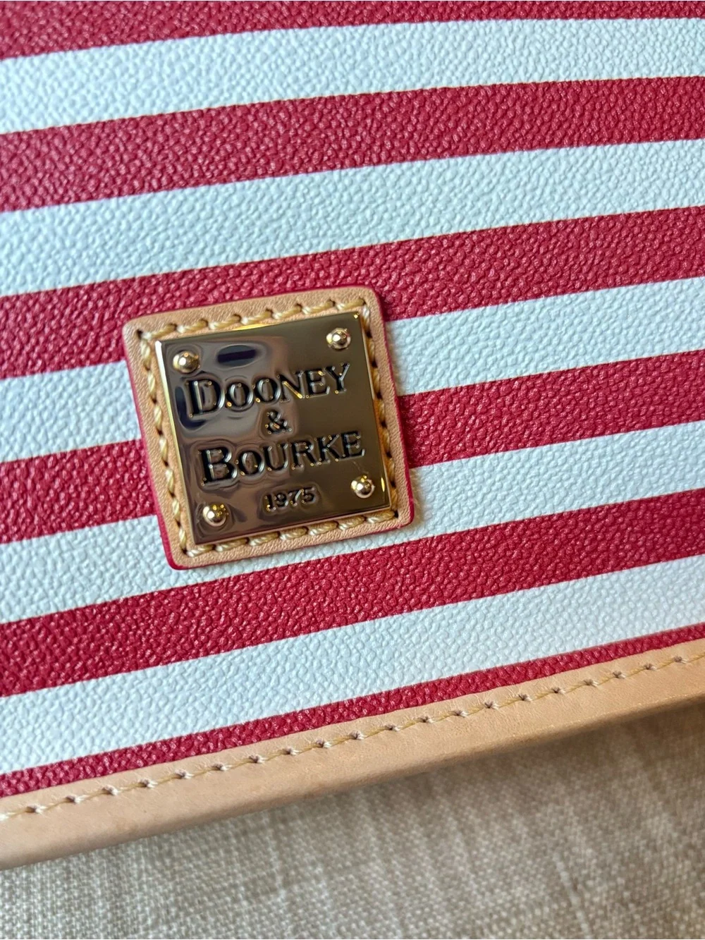 Dooney & Bourke Red and White Striped Shoulder/Messenger Bag with Tan Trim - Picture 8 of 8